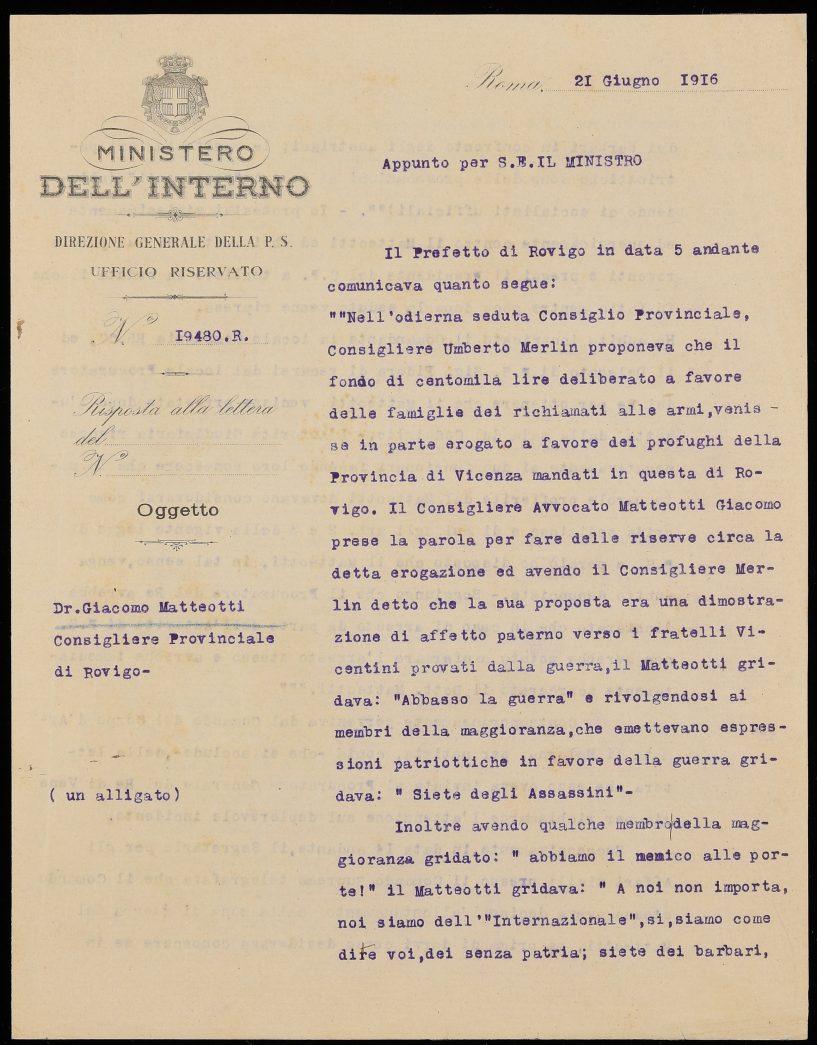 ACS, MI, PS. Appunto per il ministro dell'Interno, 21 giugno 1916 del D.G.le Giacomo Vigliani