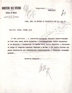 Telegramma datato 13 marzo 1921 con cui il Prefetto di Rovigo comunicava il rapimento di Matteotti ACS, PS 1921 b. 109
