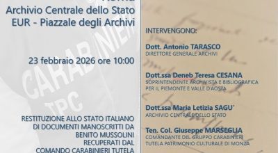 Cerimonia di restituzione in ACS di documenti manoscritti da Benito Mussolini a cura del Comando Carabinieri Tutela Patrimonio Culturale.