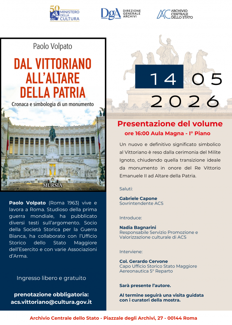 Presentazione in ACS del volume “Dal Vittoriano all’Altare della Patria: cronaca e simbologia di un monumento”